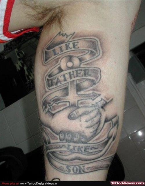 Like Fathe rLike Son Banner And Cross Anchor Tattoo On Half Sleeve
