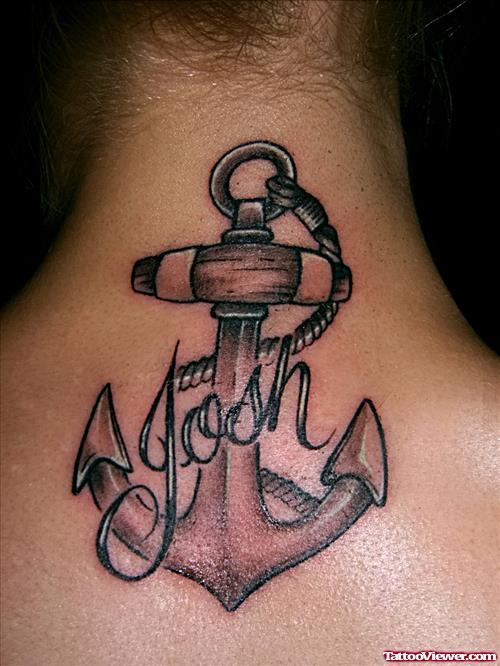 Josh Name And Anchor Tattoo On Upperback