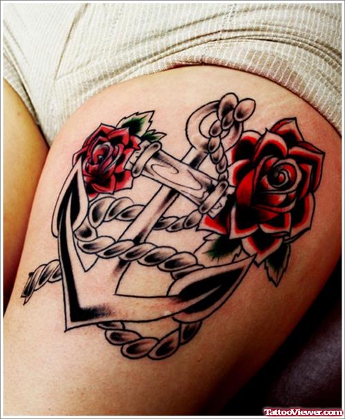 Red Flowers And Anchor Tattoo