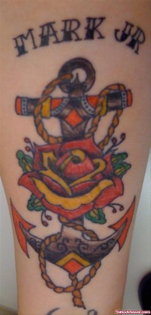 Old School Flower And Anchor Tattoo
