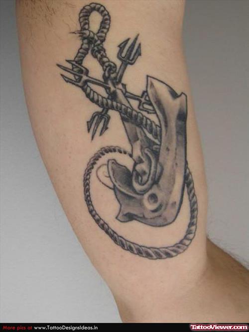 Grey Ink Shark Anchor Tattoo