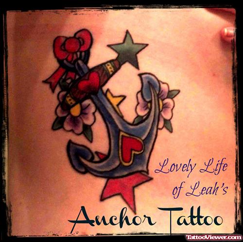 Flowers Stars And Color Anchor Tattoo