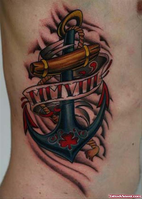 Colored Banner And Anchor Tattoo On Side Rib
