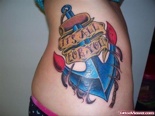 Its All For You Blue Anchor Tattoo On Side