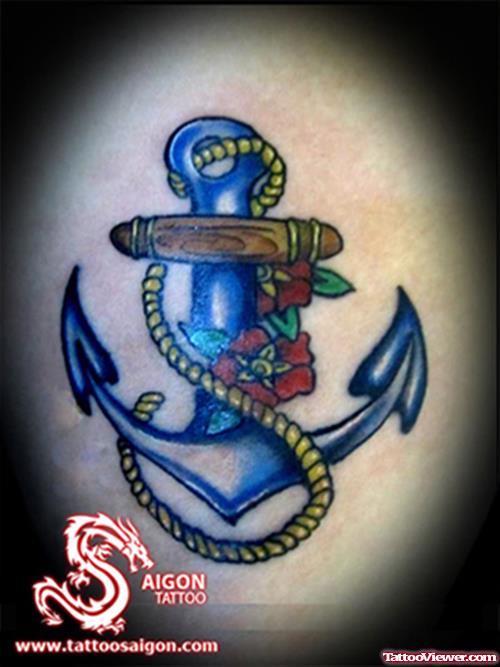 Awful Blue Anchor Tattoo With Rope
