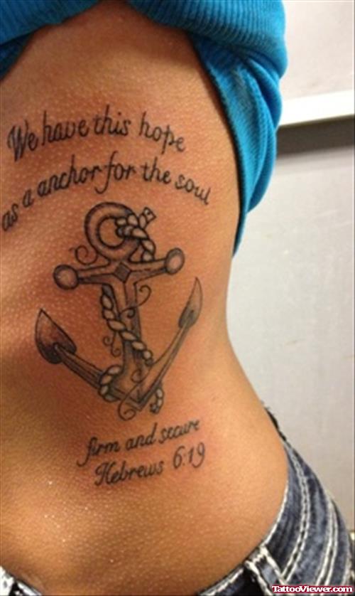 Lettering And Memorial Anchor Tattoo On Side