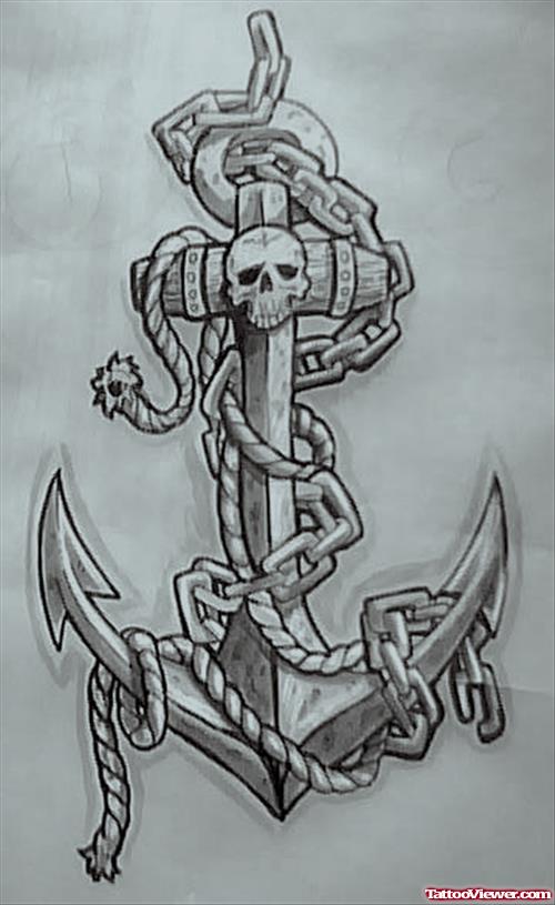 Grey Ink Rope And Anchor Tattoo Design