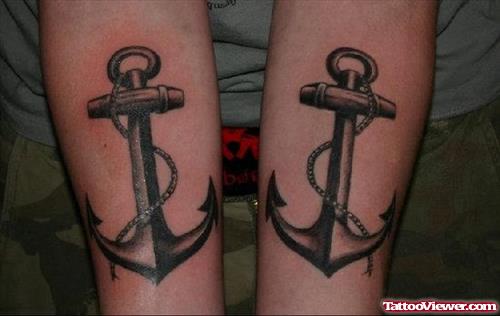 Grey Ink Anchor Tattoos On Forearm