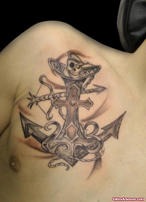 Grey Ink Anchor Tattoo With Cross And Arrow