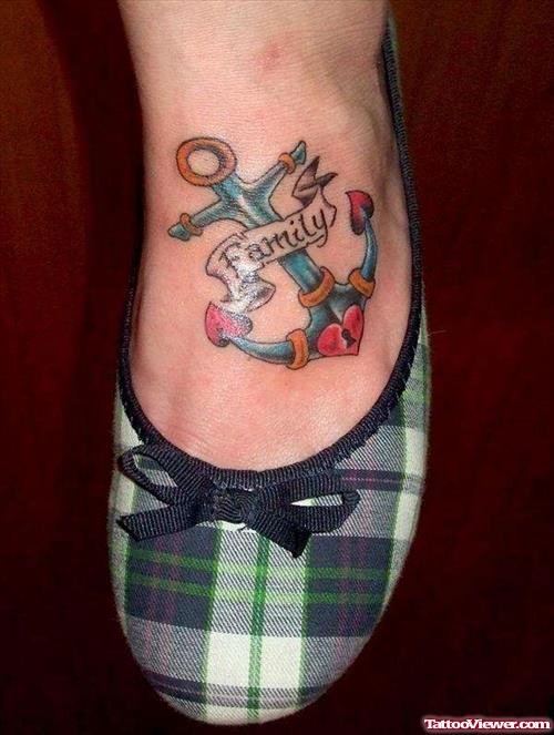 Beautiful Colored Anchor Tattoo With Family Banner