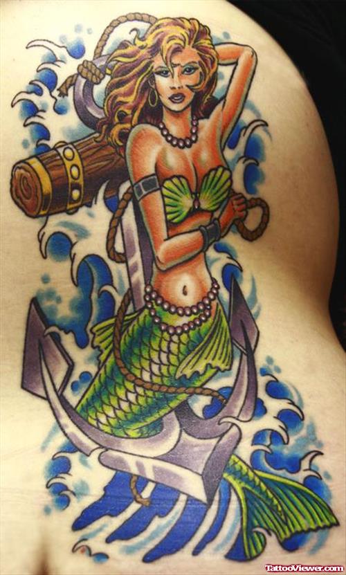 Anchor Tattoo With Mermaid On side Rib