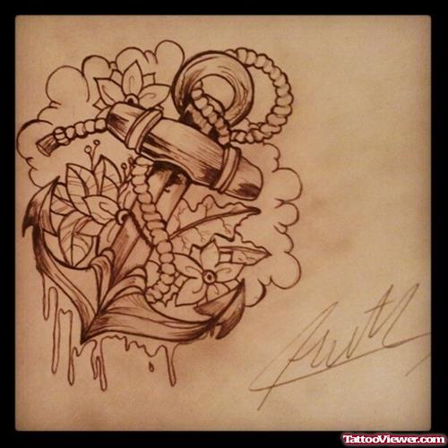 Amazing Flowers And Anchor Tattoo Design