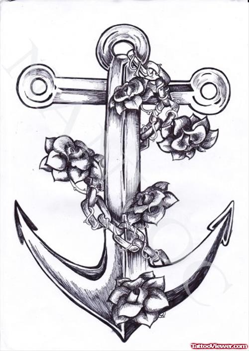 Grey Flowers And Anchor Tattoo Design