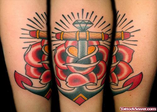 Beautiful Red Rose And Anchor Tattoo