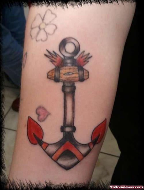 Black And Red Ink Anchor Tattoo On Bicep