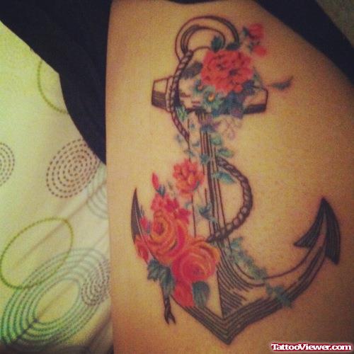 Anchor With Rope And Flowers Tattoo