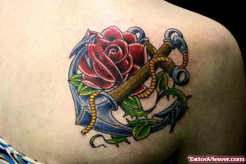 Amazing Red Rose And Anchor Tattoo