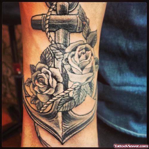 Grey Ink Rose Flowers And Anchor Tattoo