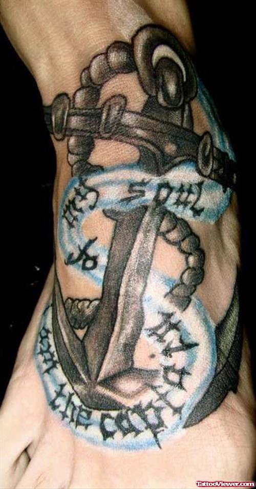 Grey Ink Anchor Tattoo With Chain