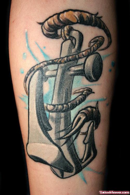 Grey Ink Anchor Tattoo On Leg