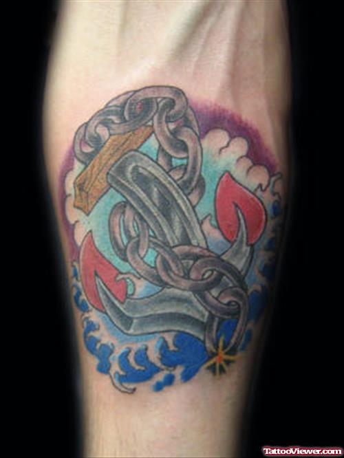 Colorful Anchor Tattoo With Chain