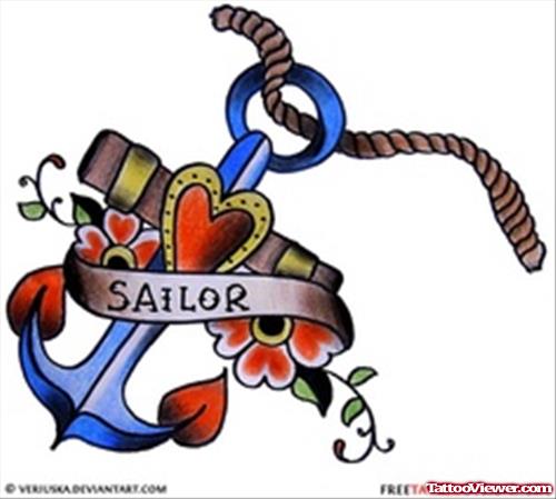 Colored Anchor Tattoo With Rope And Sailor Banner