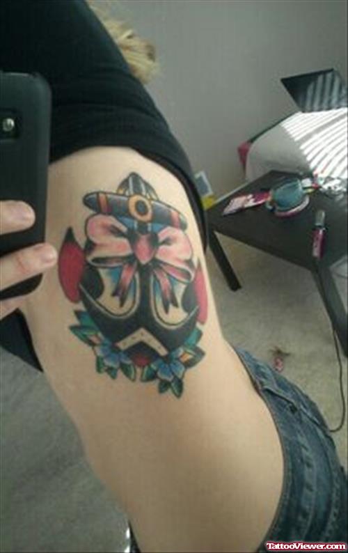 Blue Flowers and Anchor Tattoo On Side