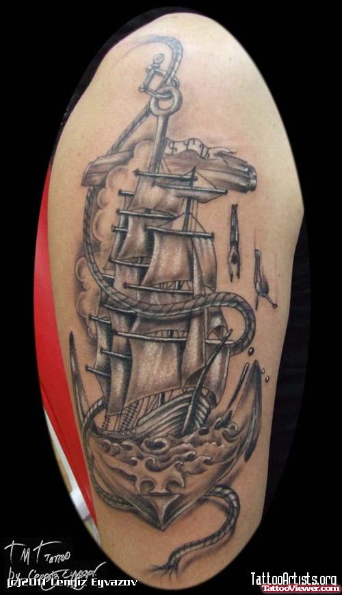 Awesome Grey Ink Ship And Anchor Tattoo