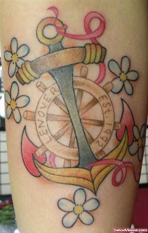 Flowers And Anchor Tattoo