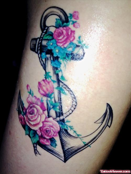 Color Flowers And Anchor Tattoo