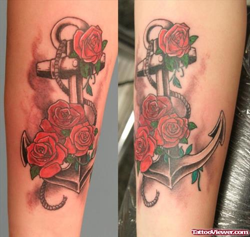 Awesome Red Roses And Anchor Tattoo