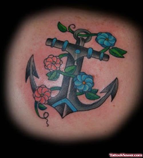 Anchor Tattoo With Colored Flowers