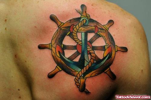 Compass And Anchor Tattoo On Back Shoulder