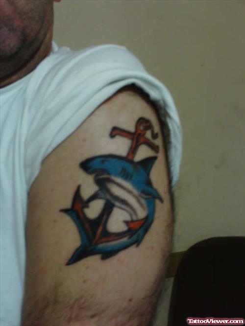 Colored Shark and Anchor Tattoo On Left Shoulder