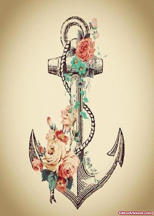 Colored Flowers And Anchor Tattoo Design