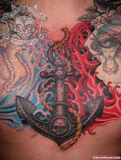 Awesome Colored Anchor Tattoo On Chest