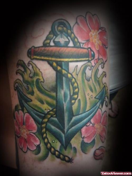 Beautiful Flowers And Anchor Tattoo