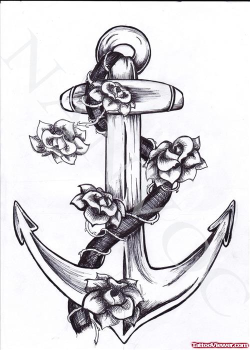 Amazing Grey Flowers And Anchor Tattoo Design