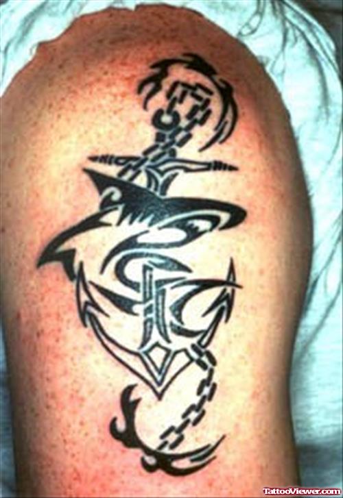 Tribal Shark And Anchor Tattoo