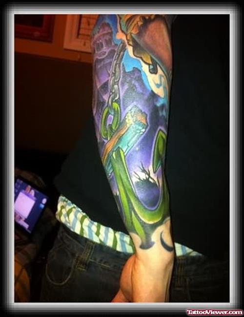 Colourful Anchor Tattoo On Arm