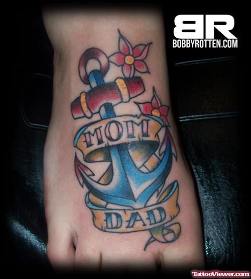 Colourful Anchor Tattoo On Foot