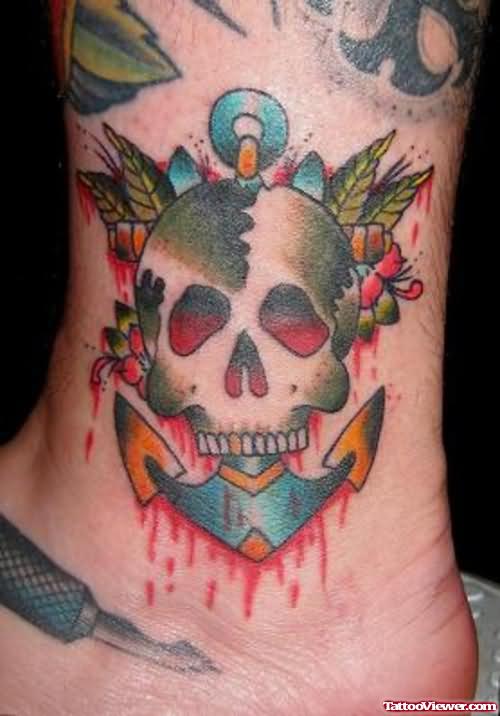 Skull & Anchor Tattoo On Ankle