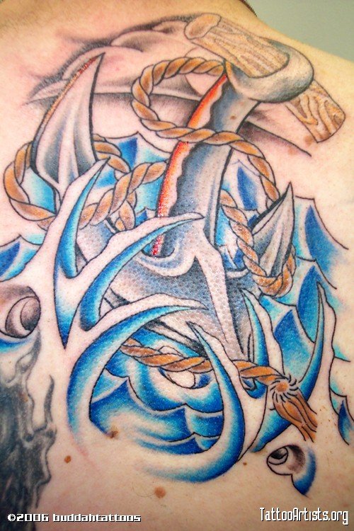 Blue Water Waves And Anchor Tattoo