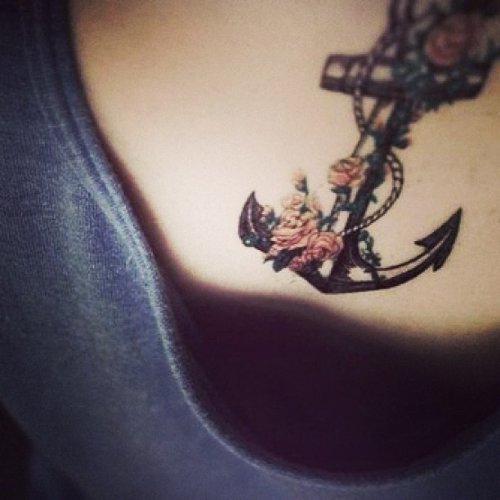 Amazing Pink Flowers And Anchor Tattoo