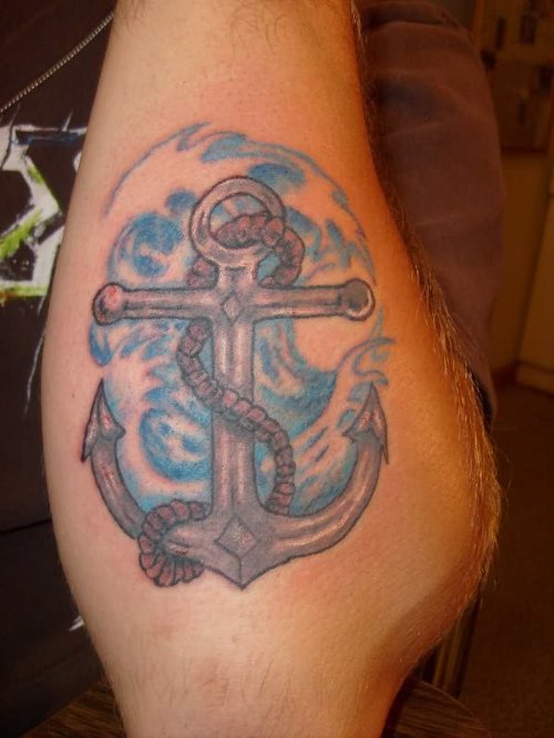 Grey Anchor Tattoo On Left Arm