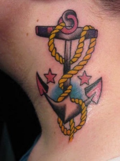 Anchor With Rope Tattoo On Neck