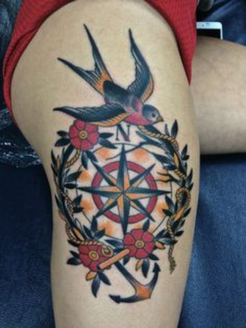 Nautical Compass And Anchor Tattoo On Thigh