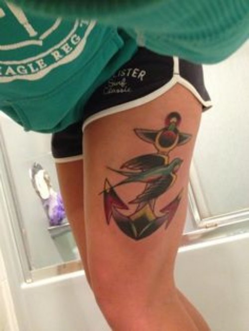 Girl Left Thigh Anchor Tattoo