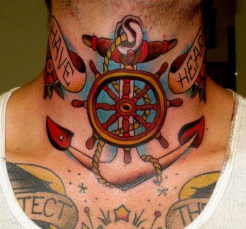 Anchor And Wheel Tattoo On Neck