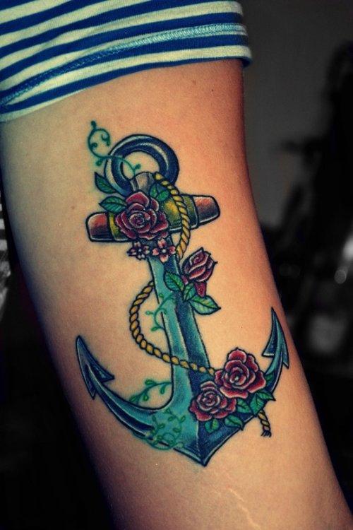 Attractive Anchor With Rope and Flowers Tattoo
